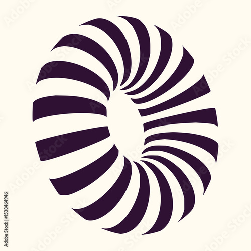 Minimilist striped torus with alternating white and dark purple bands creating an optical illusion effect on a beige backdrop vector