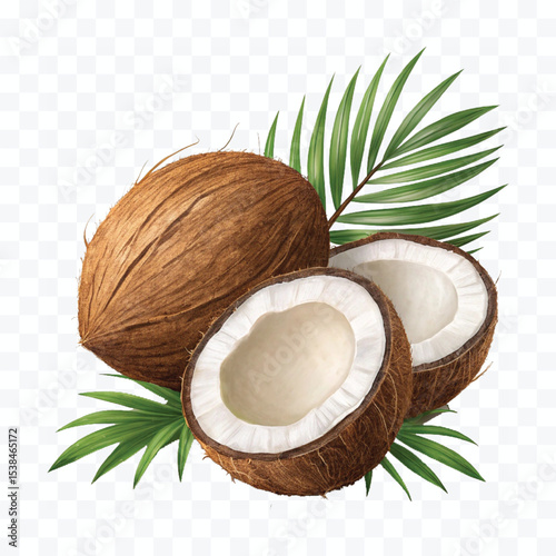 realistic 3d whole and cutout coconut with palm leaves  isolated on transparent background