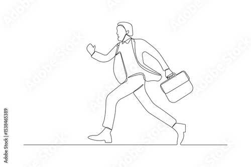 Continuous line art drawing of businessman with a briefcase running. Man running fast to go to work concept background.