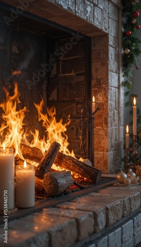 Elegant living room with a traditional brick fireplace, lit with a warm fire, surrounded by comfortable armchairs and decor, embodying style, sophistication, and comfort. photo