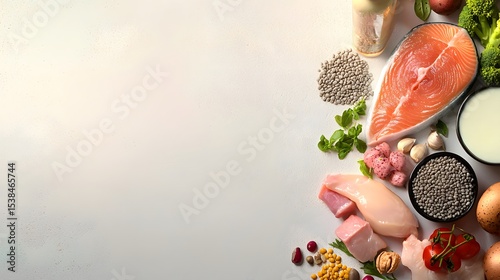 High-protein foods arranged on a white background offe ample copy space for text showcasing salmon chicken lentils beans and other healthy ingredients perfect for a diet or