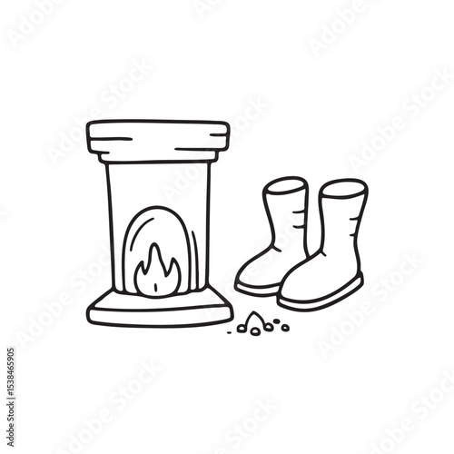 Ugg boots beside a fireplace with ash underneath