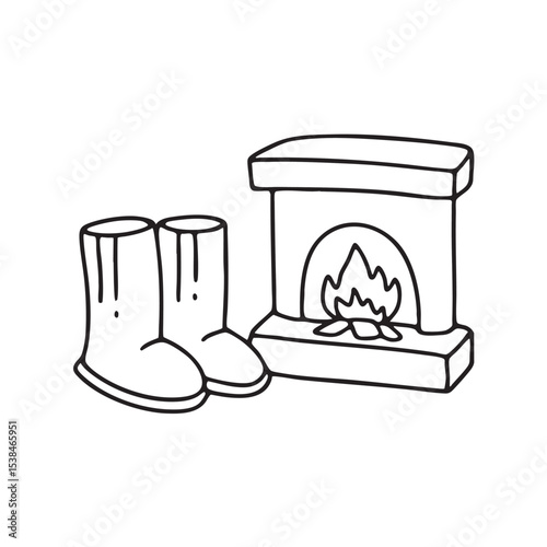 Ugg boots resting near a fireplace with ash on the floor