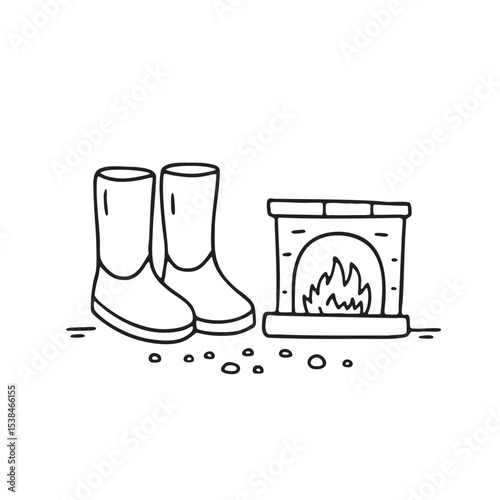 Ugg boots standing next to a hearth covered in ash