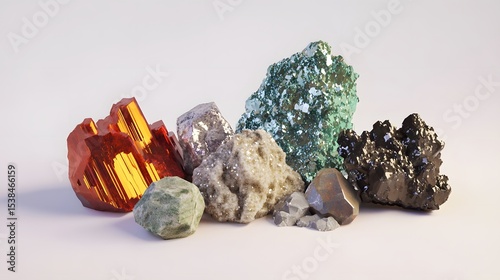 A stunning collection of raw, realistic minerals including vibrant orange crystals, metallic gray rocks, and dark, rough-textured stones, perfect for geology or mineral-related