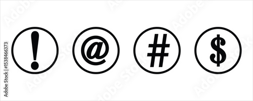Symbol Icon Set – Exclamation, At, Hashtag, and Dollar Sign in Circle