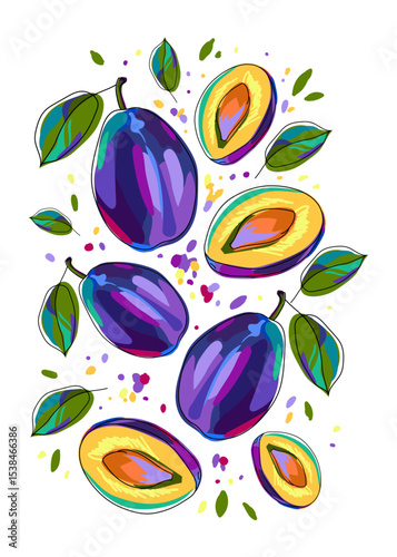 Colorful background with plums, leaves and drops. Bright card with whole and halves of fruit. Cartoon. Art print for postcards, walls, banners, packaging, covers, etc. Vector isolated