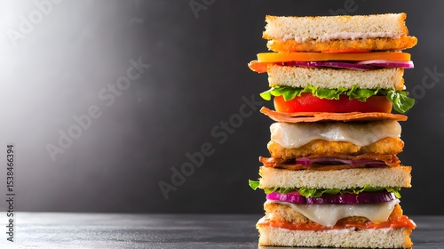 A delicious stack of gourmet sandwiches offers ample copy space for text, showcasing layers of toasted bread, meat, cheese, lettuce, tomato, and onion creating a mouthwate