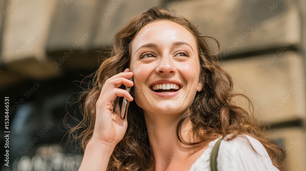 Fototapeta premium Joyful woman on the phone outdoors.