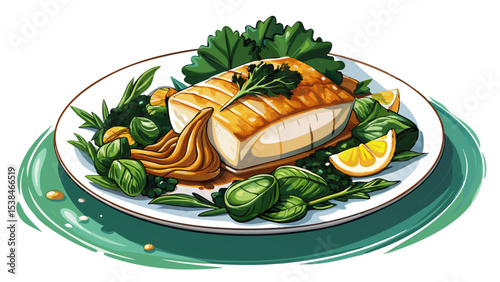 Delicious miso glazed cod atop sautéed spinach on a clean white background, perfect for gourmet dining experiences Very beautiful