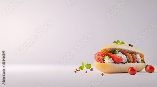 A delicious savory delight sandwich with fresh tomatoes, cucumbers, and creamy cheese filling sits on a white background offe ample copy space for text or ing.