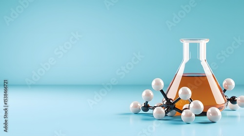 A realistic 3D rende of scientific discovery showcases a flask filled with amber liquid alongside a molecular model against a vibrant blue background providing ample copy space