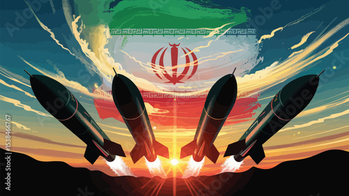 iranian flag with missiles launching at sunset, symbolizing military strength, defense power, and geopolitical tension in the middle east