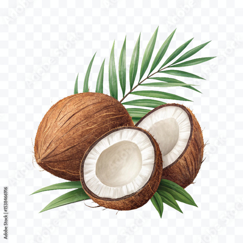 realistic 3d whole and cutout coconut with palm leaves  isolated on transparent background
