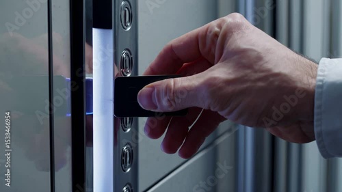 Businessman unlocking security chamber with key card