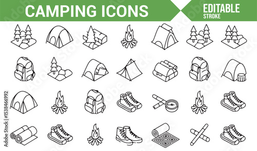 Set of illustrations of camping essentials, from tents to hiking boots and campfires.