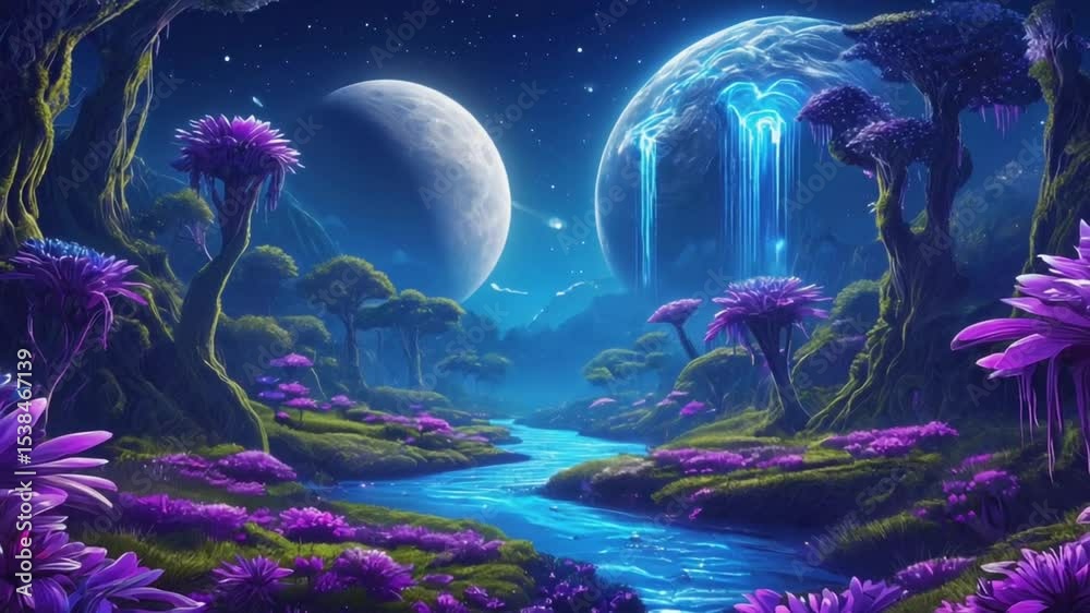 A dark alien forest lit glowing flowers neon vines deep indigo fog moons dominate sky, one cracked open plasma. river light flows terrain rainbow glows. Wind leaves. surreal cinematic journey sentient