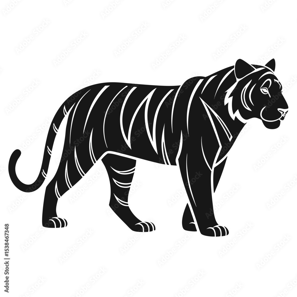 Naklejka premium Silhouette of a Striped Tiger Standing Tall and Proud in Black