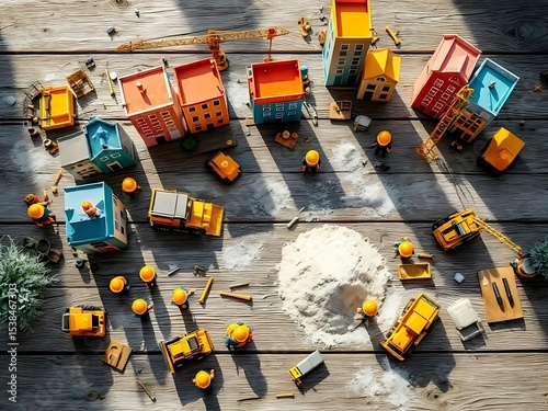 Miniature city under construction with tiny buildings, cranes, and scaffolding. Perfect for urban planning concepts, model architecture, or creative toy visuals photo