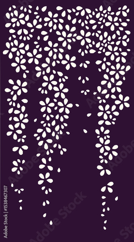 Minimilist cascading floral pattern with dense clusters of white flowers on a dark purple background design element vector