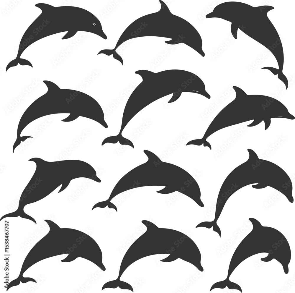 Naklejka premium Set of Dolphin Silhouettes Black Vector Illustration of Marine Mammals 