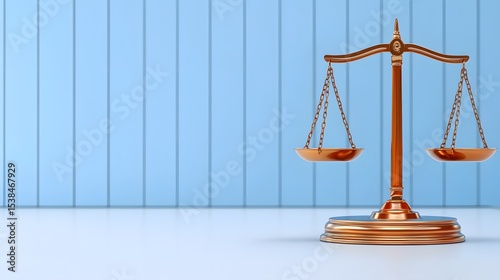 A bronze scales of justice sits on a white surface against a light blue wood paneled wall symbolizing a verdict delivered in a courtroom setting reflecting fairness and impartial