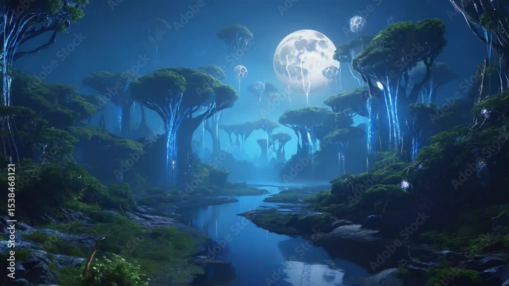 A dark alien forest lit glowing flowers neon vines deep indigo fog moons dominate sky, one cracked open plasma. river light flows terrain rainbow glows. Wind leaves. surreal cinematic journey sentient