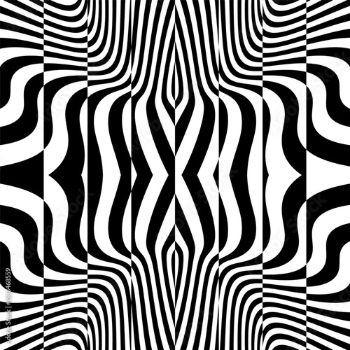 Black and white pattern. Optical illusion dynamic pattern with displacement from multiple sliced lines. Abstract striped backdrop. 3d surreal vector for brochure, presentation, etc.