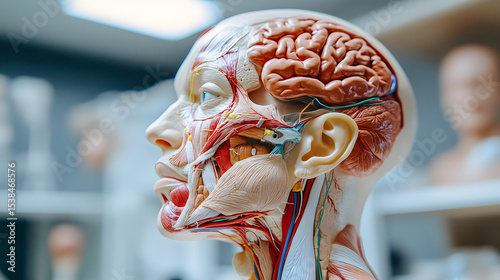 Anatomical model of a human head showing muscles, brain, and other internal structures. 