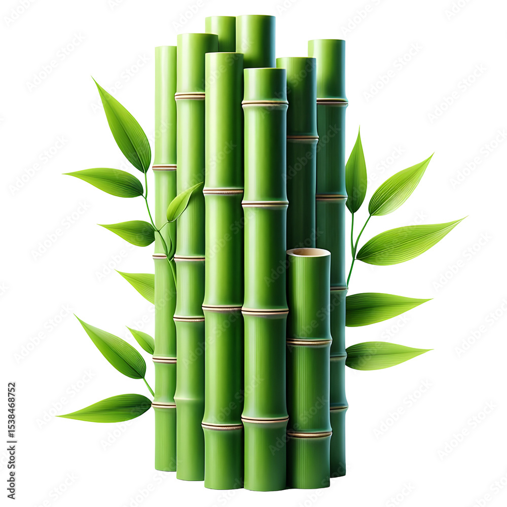Obraz premium Green Bamboo Stem With Leaves On White Background: Fresh Tropical Plant Illustration Featuring Tall Jointed Culm And Lush Foliage In A Clean Minimalist Style, isolated on white