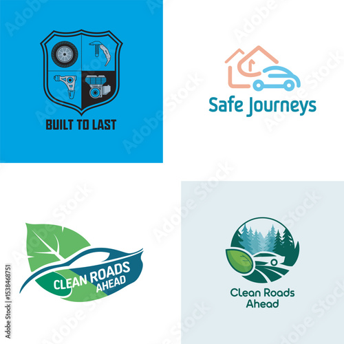 Collection of various automotive and environmental logo designs for car services and eco-friendly driving solutions