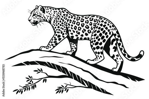 Spotted leopard gracefully traverses a fallen log with a watchful eye in this monochrome image