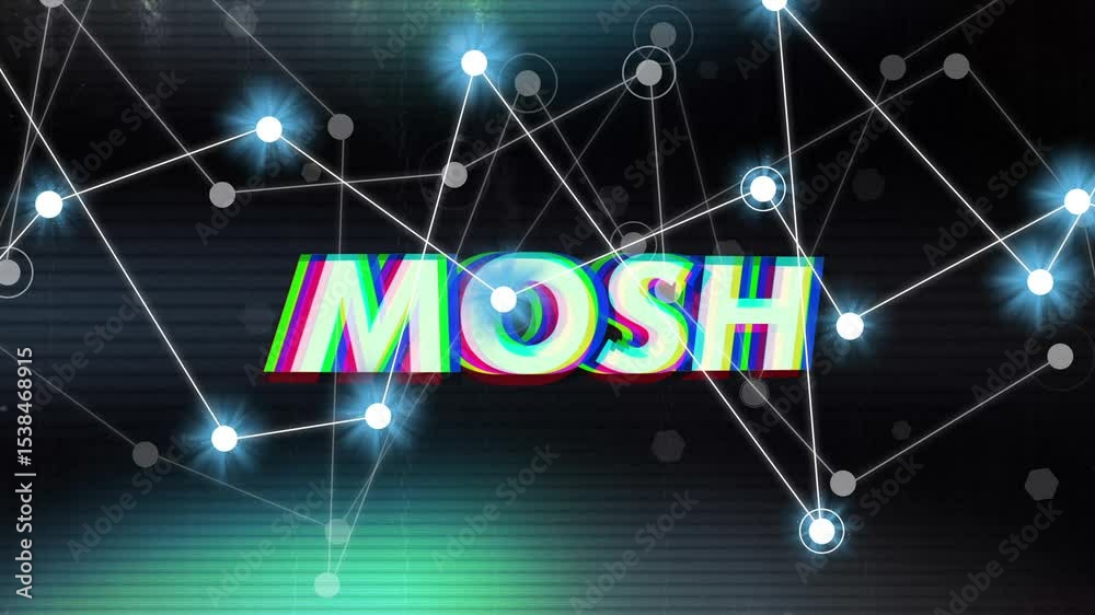 At start, MOSH text rotating and shifting on black field, growing network geometry and glitch bars