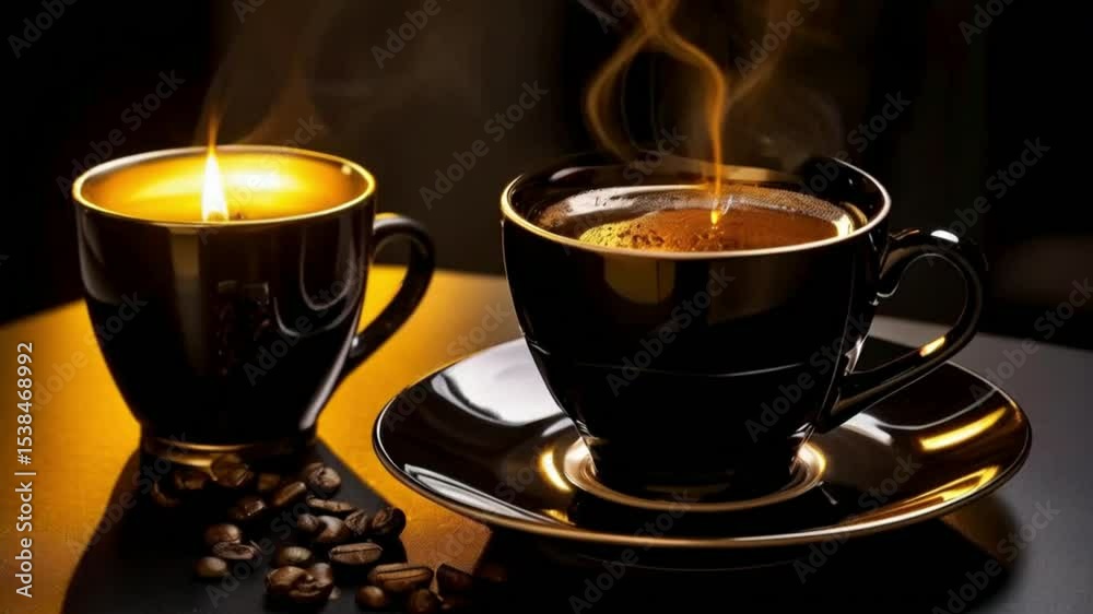Vajilla negra y dorada , café o te en fondo negro de telas con luz de estudio