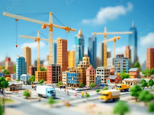 Miniature city under construction with tiny buildings, cranes, and scaffolding. Perfect for urban planning concepts, model architecture, or creative toy visuals photo