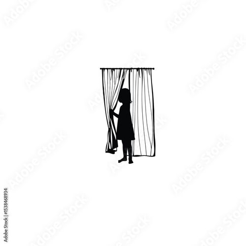 child hiding behind curtain silhouette on white background