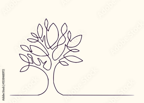Minimilist single line drawing of a tree with leaves and a trunk on a horizontal ground line minimalistic art vector