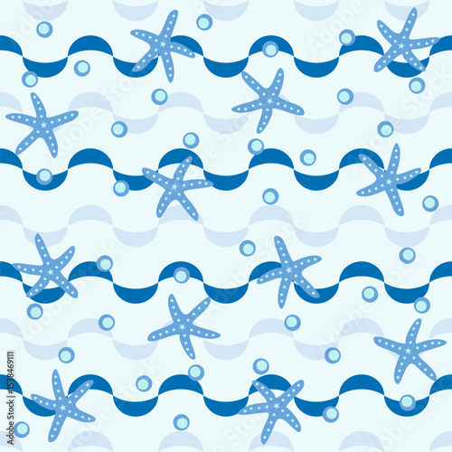 Blue Tropical sea wave and starfish seamless pattern.Mediterranean summer abstract background. Hawaii marine folk art.Cute hand drawn illustration for seasonal design, surface,holiday vacation deco.