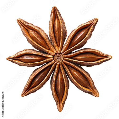 Close up of star anise spice aromatic ingredient for food recipes isolated on transparent background, png 