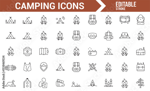 Minimalistic icons representing camping, hiking, and nature exploration activities