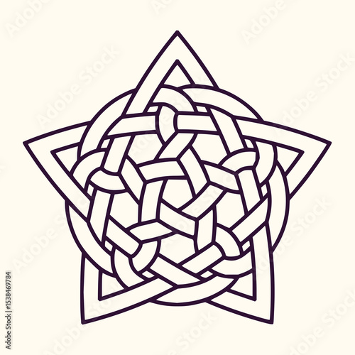 Minimilist a complex interwoven knot design forming a star shape with circular elements and interlaced patterns vector