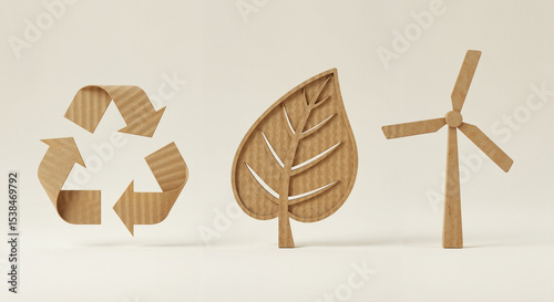 Wooden symbols of recycling, leaf, and wind turbine on neutral background  