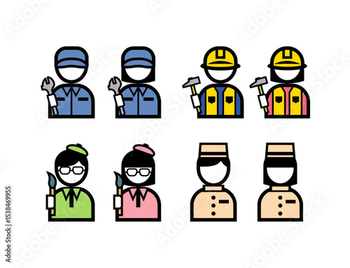 シンプルなカラーの職業イラストアイコンセット（整備士・大工・画家・ホテルスタッフ）