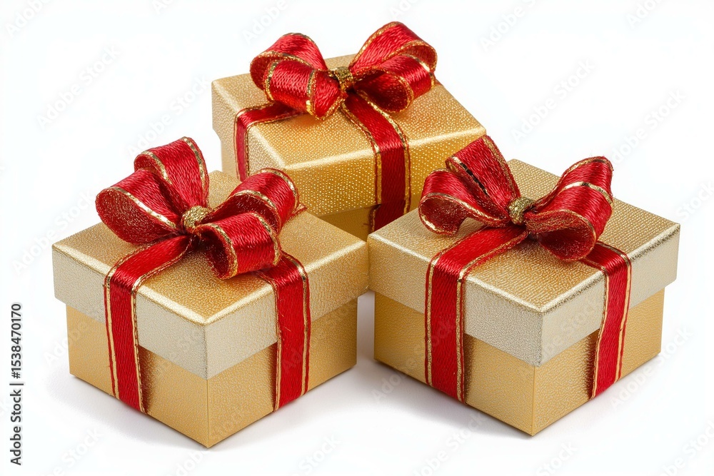 Obraz premium Three beautifully wrapped gift boxes with red ribbons, perfect for celebrations and special occasions.