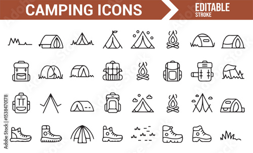 Vector icons of camping gear and outdoor essentials for adventure enthusiasts