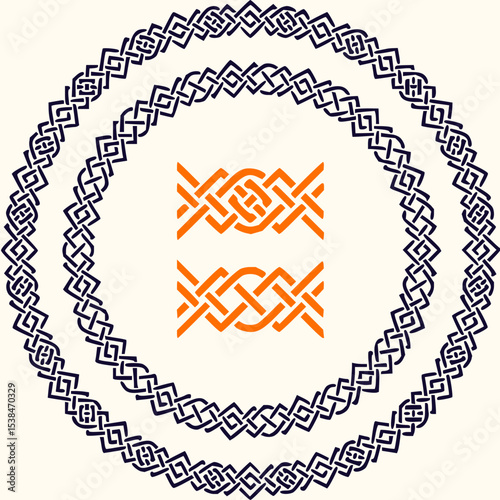Minimilist two circular celtic knot patterns and two horizontal orange celtic knot borders on cream background vector