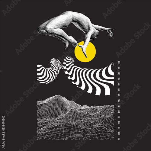 A jumping man flying or falling in the air. A pattern with an optical illusion. Landscape background. Rocks, mountains and hills. Cyberspace grid. Vector for brochure, poster, cover, flyer or placard.