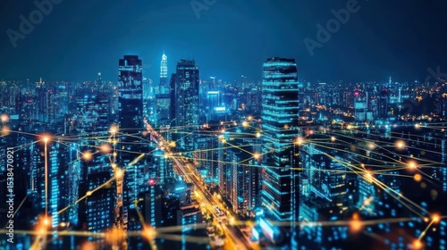 Futuristic city skyline at night with interconnected glowing network lines display