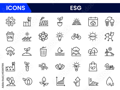 Sustainable vector web line icons depicting ESG principles, environmental care, social responsibility, governance, and ethical business practices.
