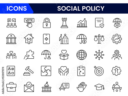 Impactful vector web line icons depicting social policy, welfare, equality, community support, and governance for inclusive societal progress.